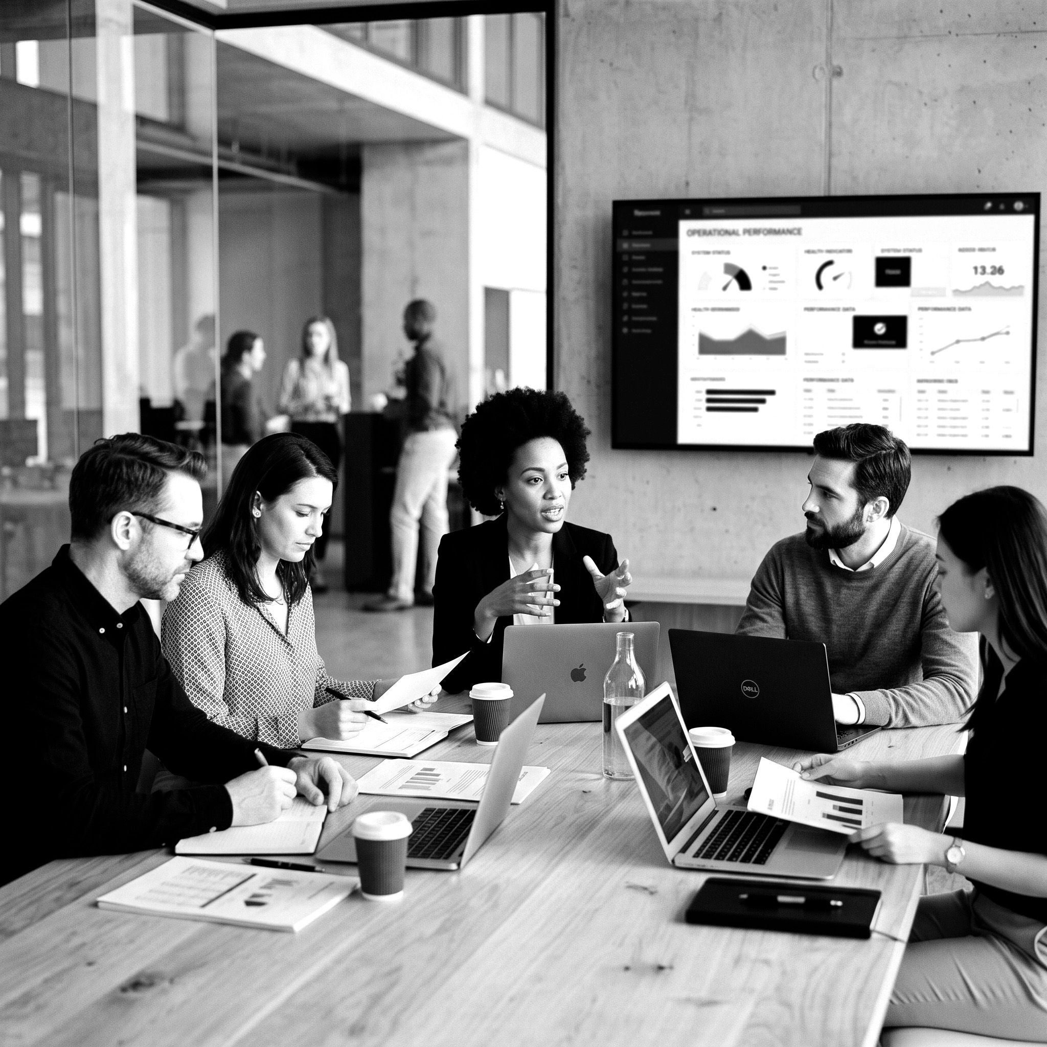 Group of people meeting around a conference table, reviewing documents and laptops, with a business performance dashboard displayed on a screen in the background.