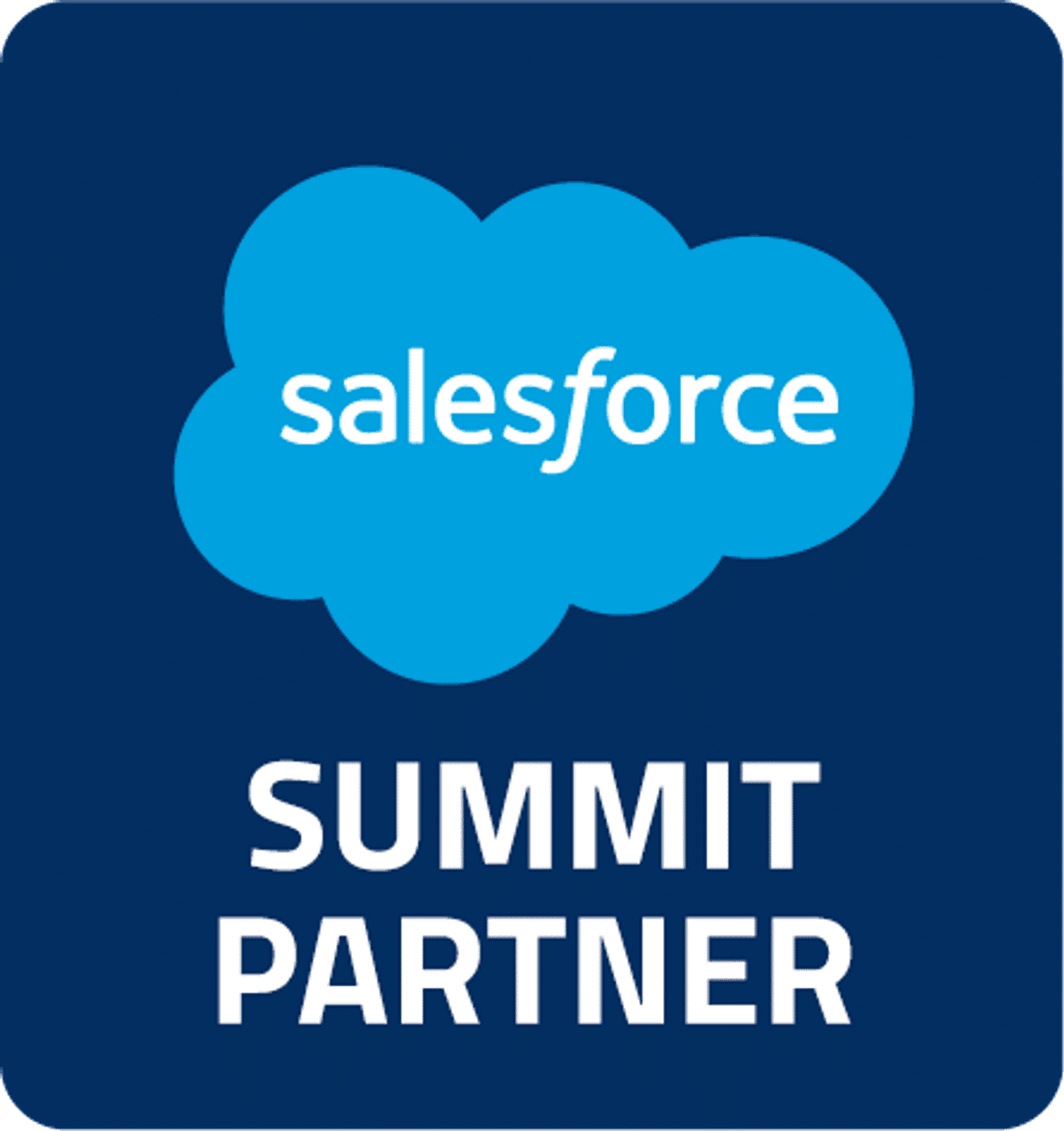 Un visuel institutionnel sur fond bleu foncé affichant le logo Salesforce en forme de nuage et le texte « Summit Partner », représentant le statut de partenaire de haut niveau au sein de l’écosystème Salesforce.