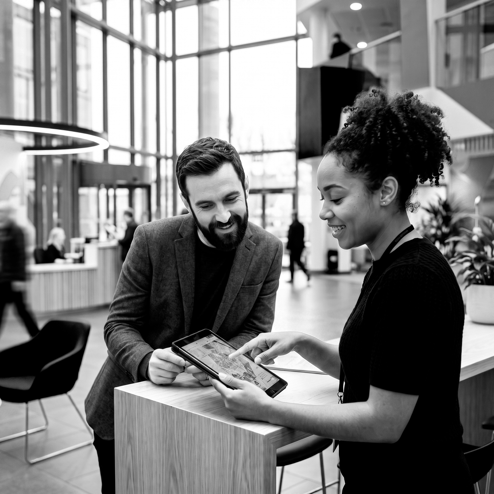 Two people using a tablet together in a bright public service or office environment, accessing digital information.