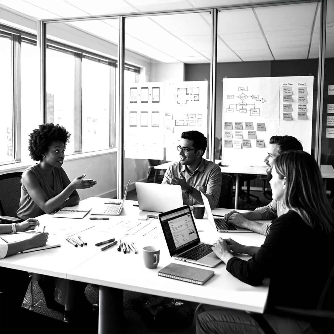 A meeting room where people work around a table with laptops and notebooks, with whiteboards behind glass walls showing planning materials for a collaborative office setting.