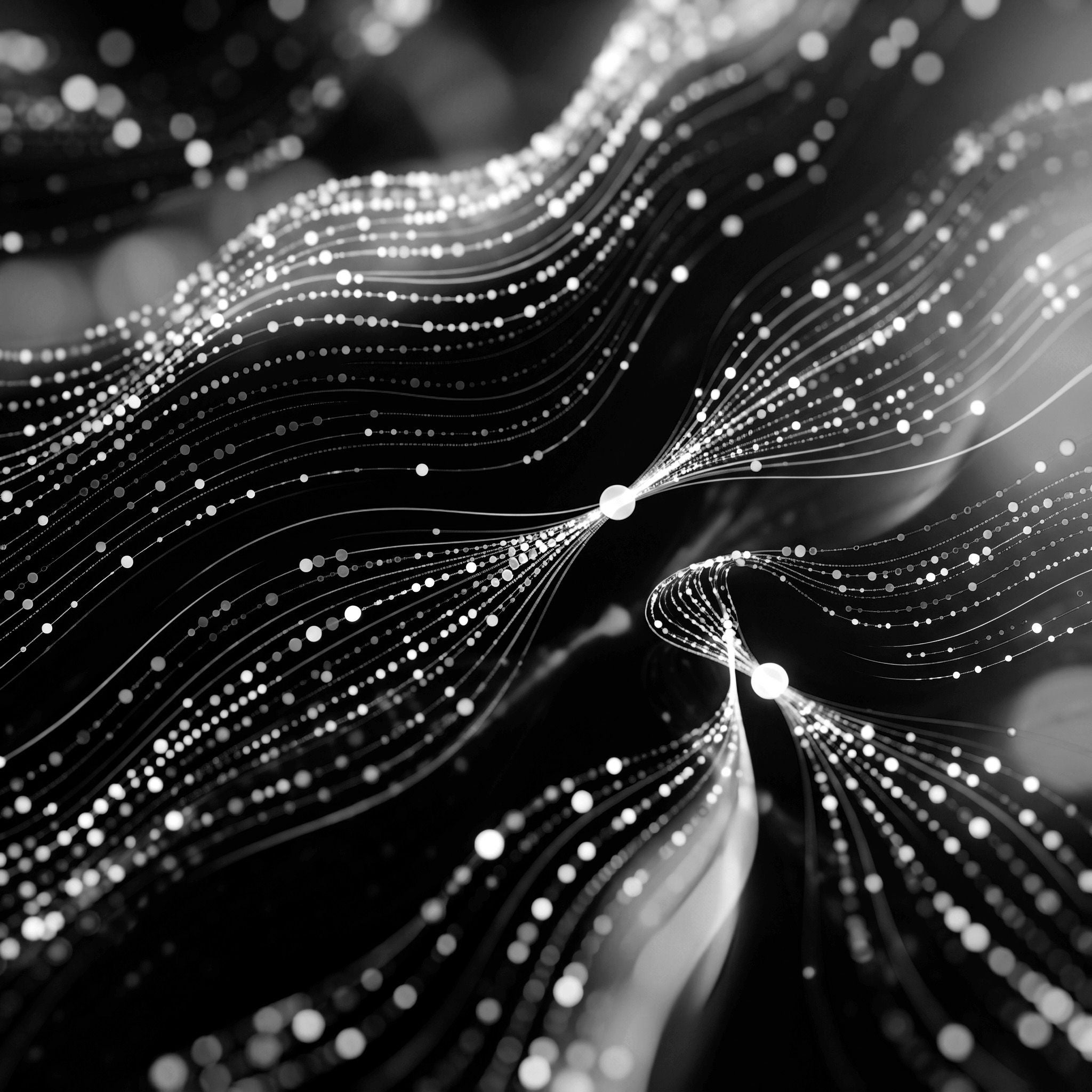 Abstract black-and-white image with flowing curved lines and glowing dots, creating the appearance of a connected network or data stream moving across a dark background.