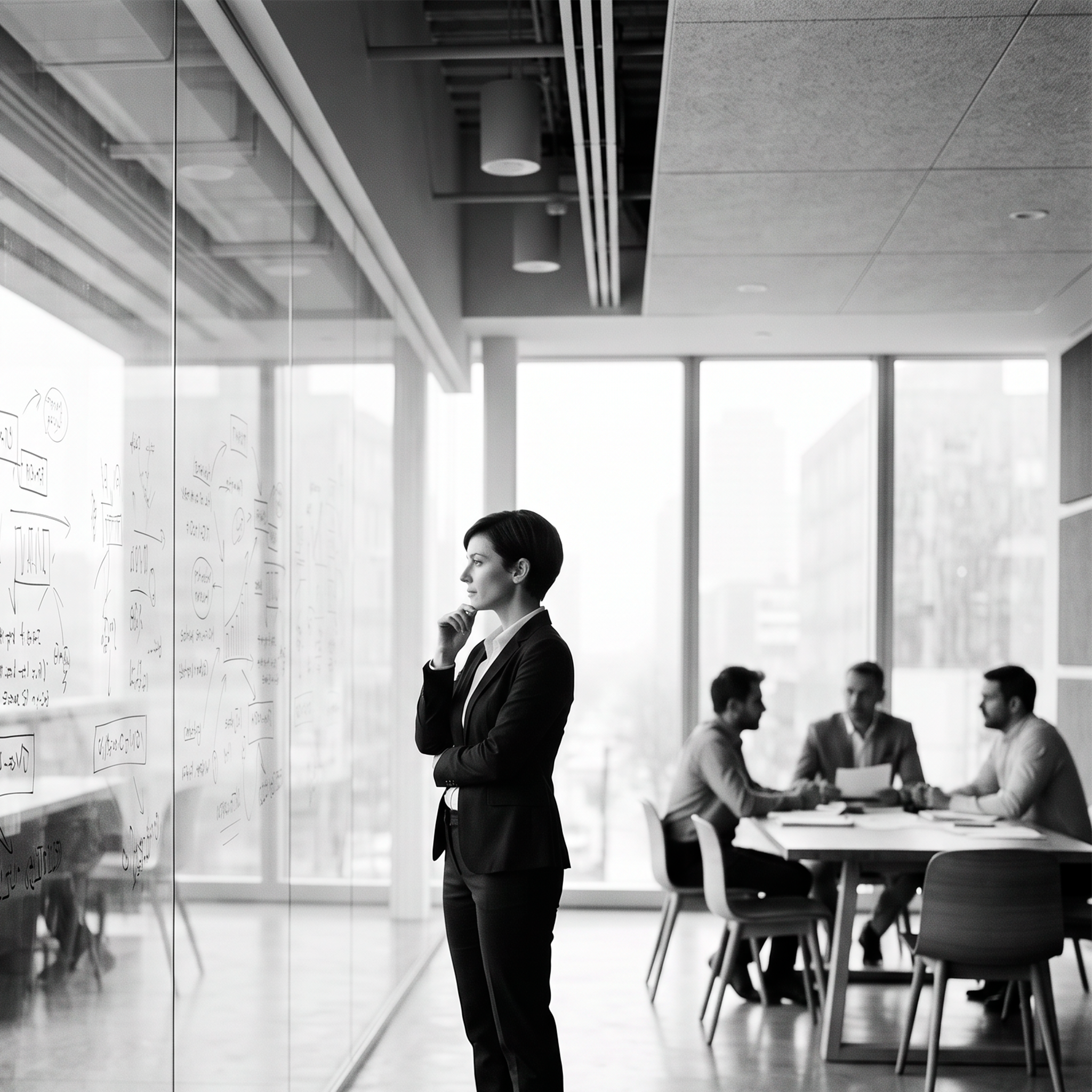 Person analyzing workflows and information displayed on a glass board in a modern office, with a team meeting nearby.