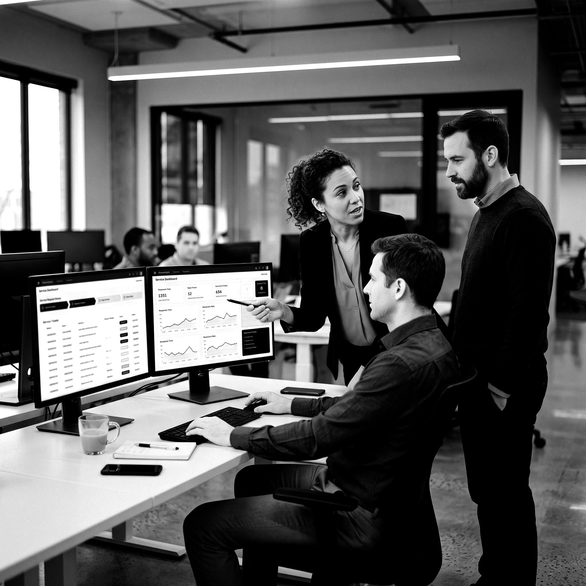 Un smartphone affichant le logo Microsoft Copilot, tenu à la main devant un fond graphique en noir et blanc.