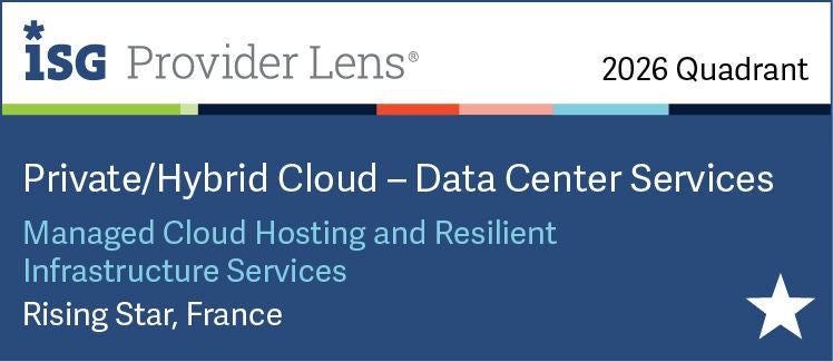 An ISG Provider Lens 2026 quadrant recognition graphic for Private/Hybrid Cloud – Data Center Services. The image displays the ISG Provider Lens logo and the text “Managed Cloud Hosting and Resilient Infrastructure Services” with the designation “Rising Star, France.” A white star icon in the lower-right corner highlights Inetum’s recognition in the French market for managed cloud hosting and resilient infrastructure services within the private and hybrid cloud sector.