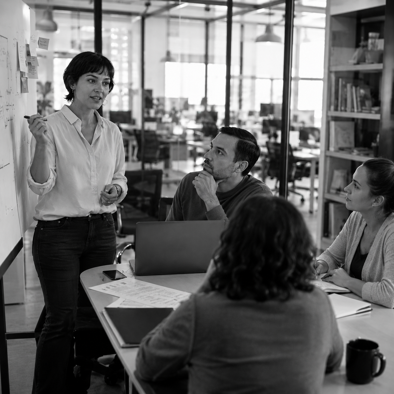Team meeting in a modern office, with a presenter explaining ideas on a whiteboard while colleagues listen.