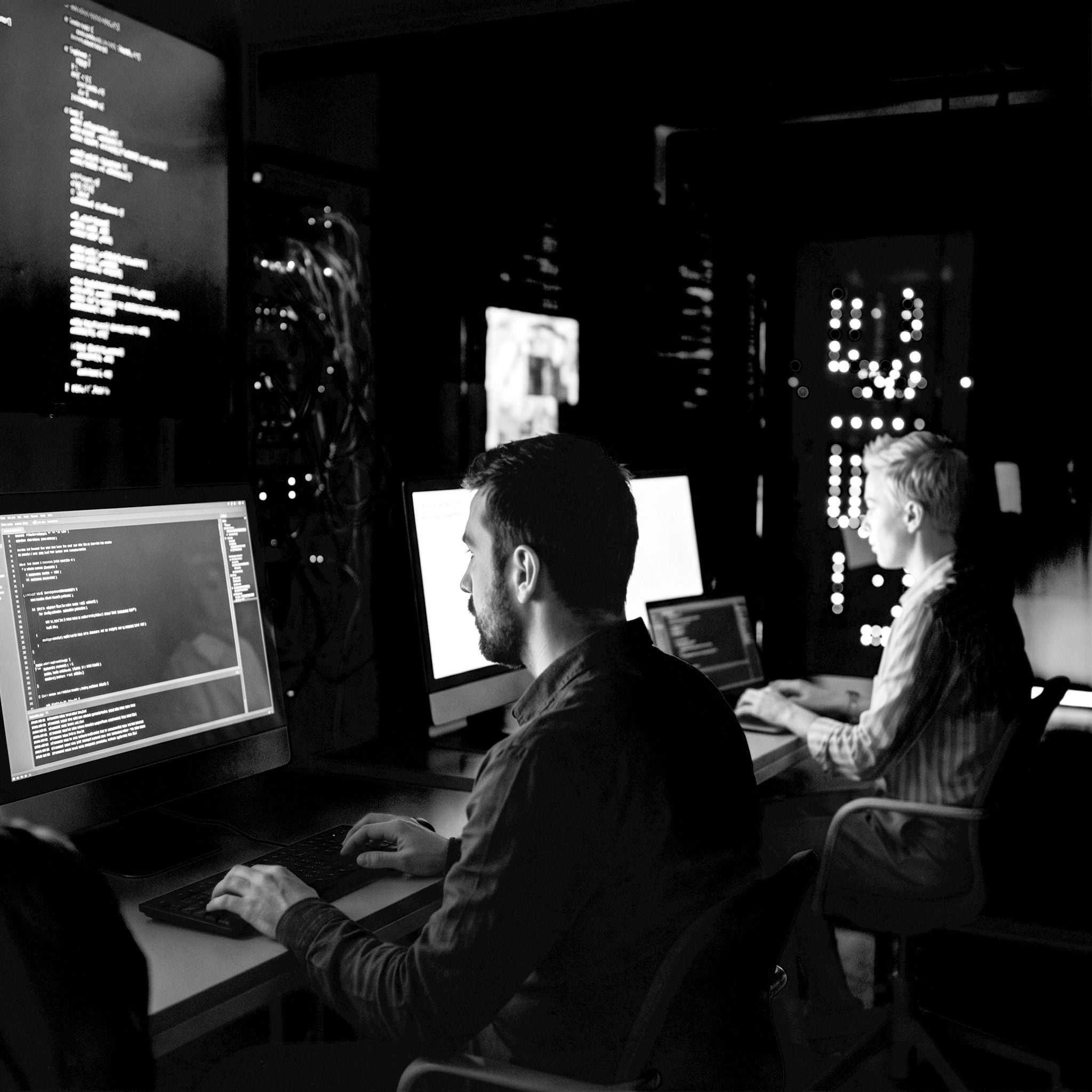 Two people working at computer stations in a dark server room, with code displayed on multiple screens and illuminated network equipment in the background, representing IT operations and software development.