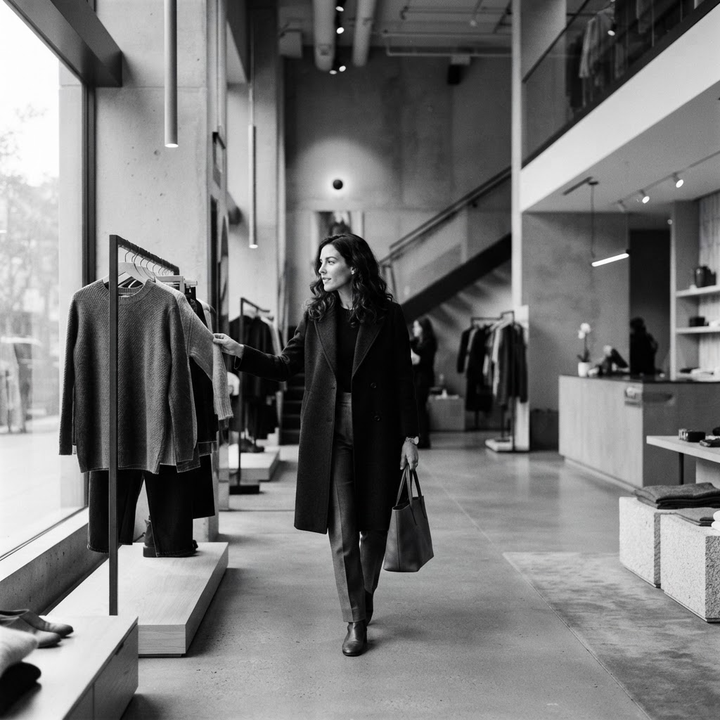 Person walking through a contemporary clothing store, looking at garments displayed on a clothing rack.