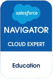 Un badge numérique sur fond bleu présentant le logo Salesforce en forme de nuage, avec les textes « Navigator », « Cloud Expert » et « Education », indiquant une certification officielle liée aux compétences et à la formation sur les solutions cloud Salesforce.