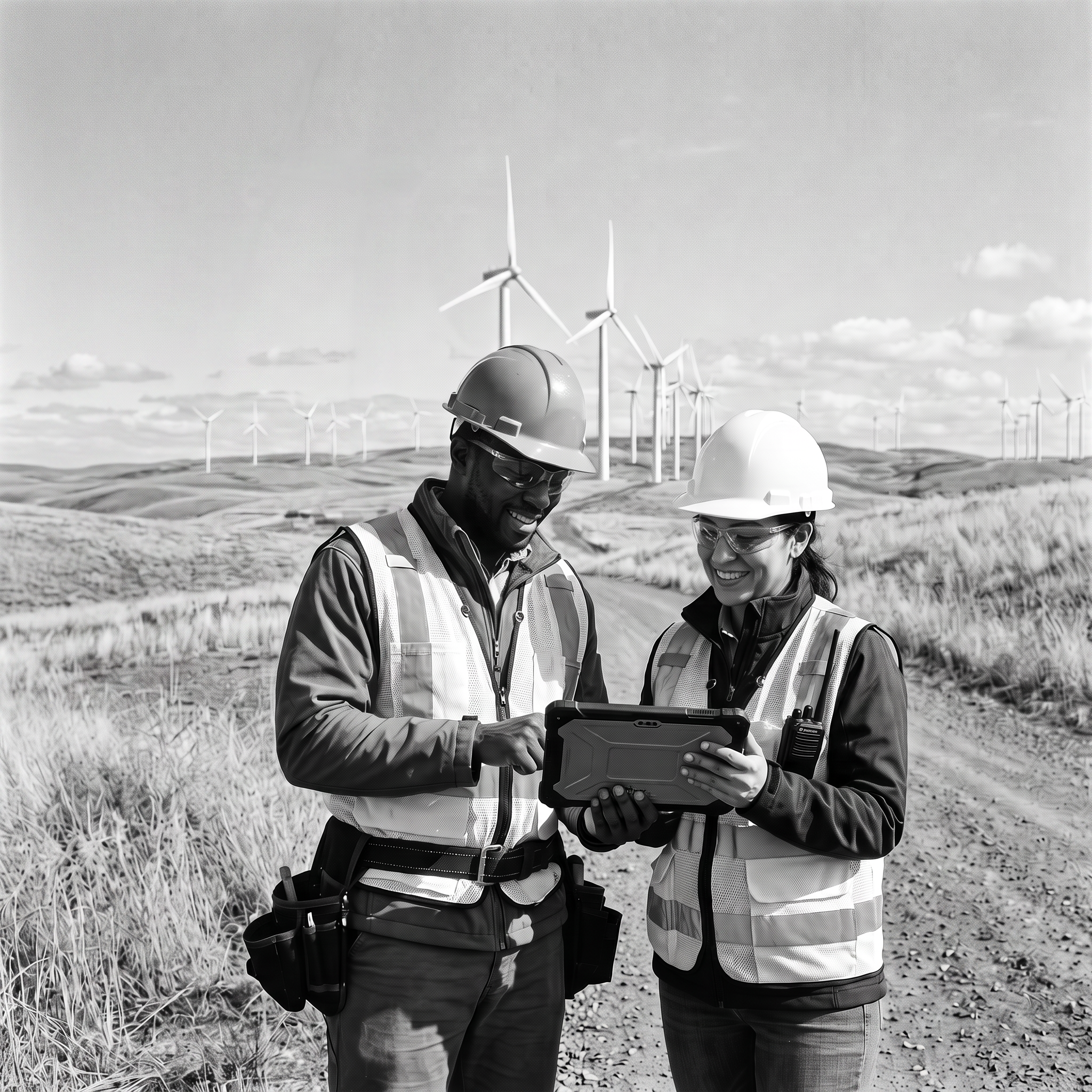 Dois trabalhadores no terreno, equipados com capacetes de segurança e coletes de alta visibilidade, utilizam um tablet junto a um parque eólico, com várias turbinas eólicas visíveis ao fundo.