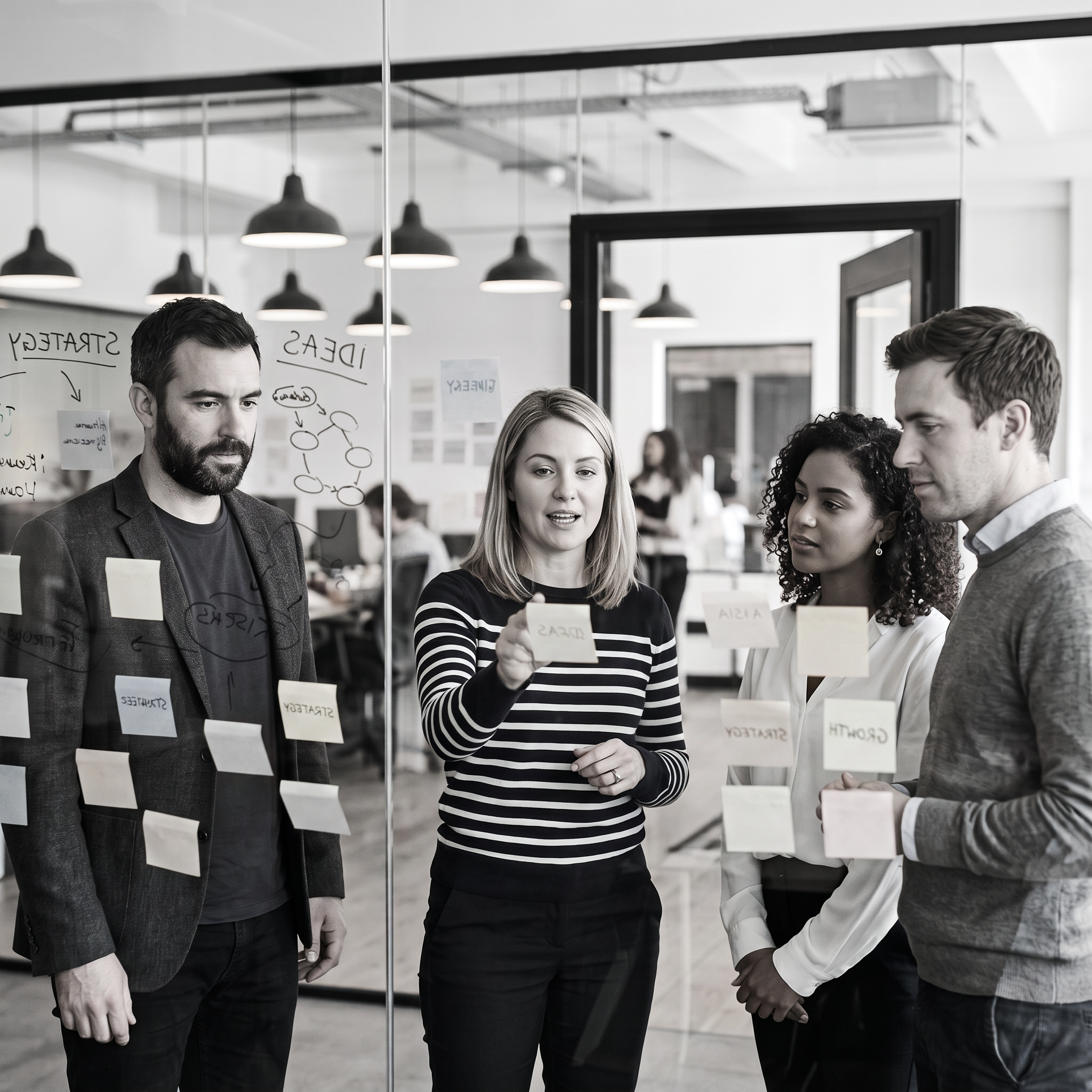 Four people collaborating in an office, using sticky notes on a glass wall to plan and organize ideas during a team workshop.