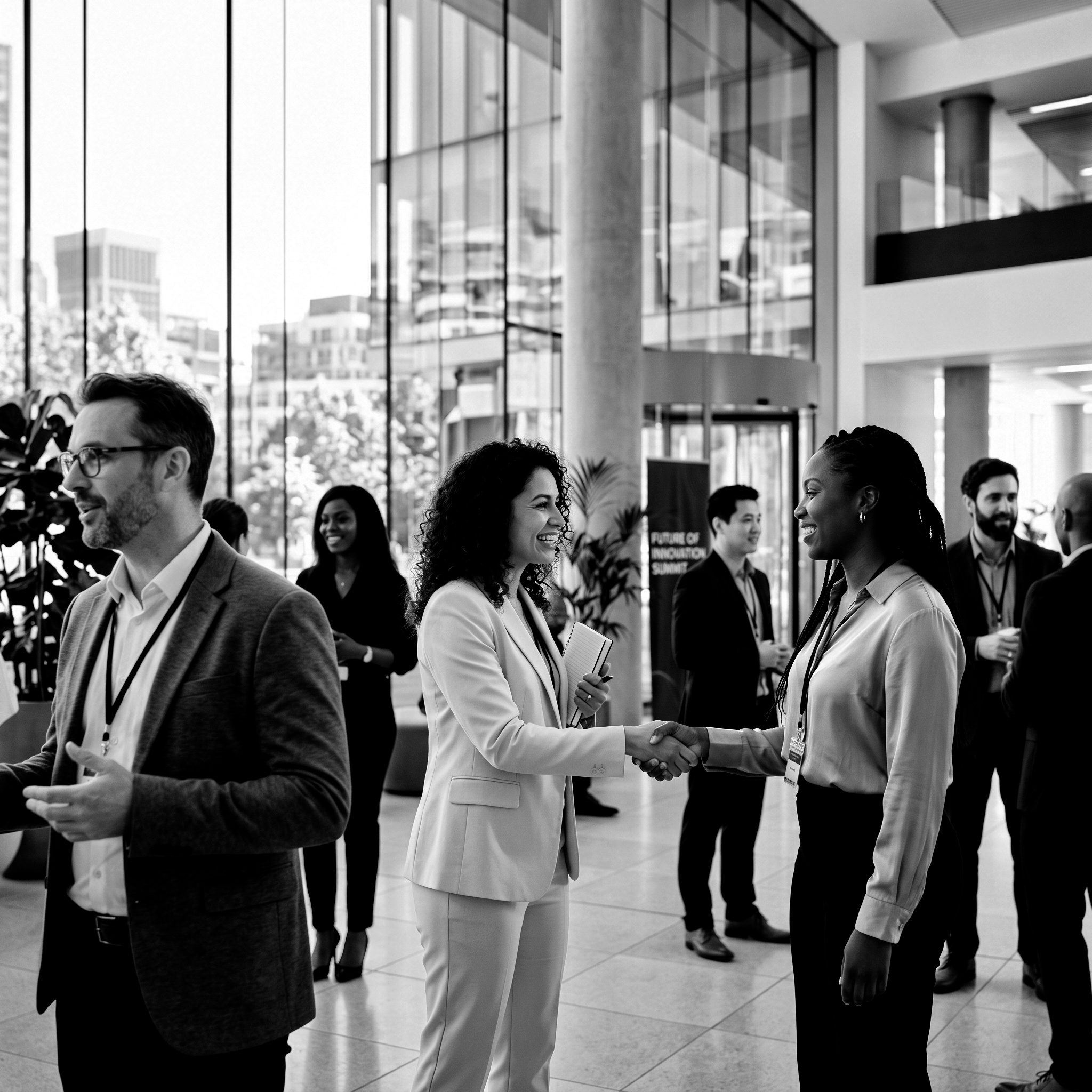 Professionals networking at a corporate event, highlighting business events, innovation communities, knowledge sharing, and strategic connections.