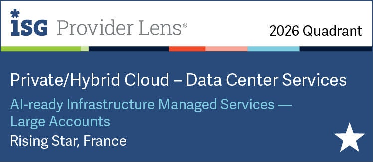ISG Provider Lens 2026 quadrant graphic recognizing Inetum in the Private/Hybrid Cloud – Data Center Services category. The image displays the ISG Provider Lens logo, the text “AI-ready Infrastructure Managed Services — Large Accounts”, and the designation “Rising Star, France.” A white star symbol appears in the lower-right corner, indicating recognition as a Rising Star provider in the French market for AI-ready infrastructure managed services and data center services.