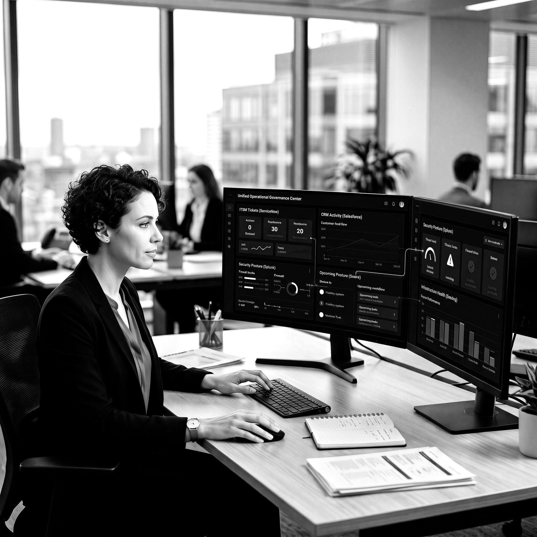 Professional monitoring operational and security dashboards in a modern digital workplace.