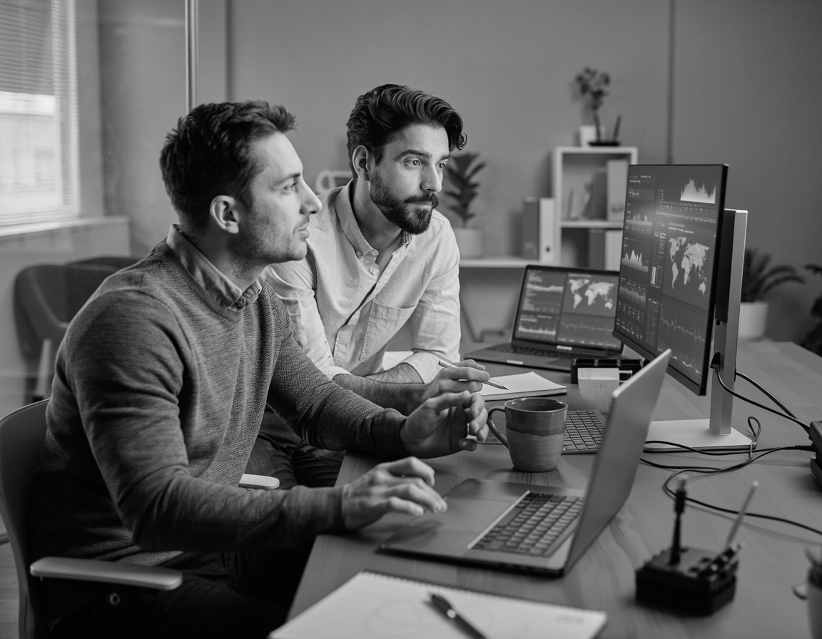 Un smartphone affichant le logo Microsoft Copilot, tenu à la main devant un fond graphique en noir et blanc.