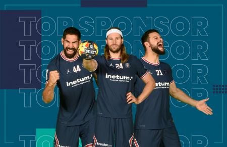 Three PSG Handball players on a blue background Three PSG Handball players on a blue background