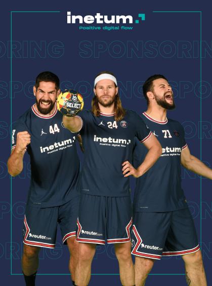 Three PSG Handball players on a blue background with Inetum logo Three PSG Handball players on a blue background with Inetum logo